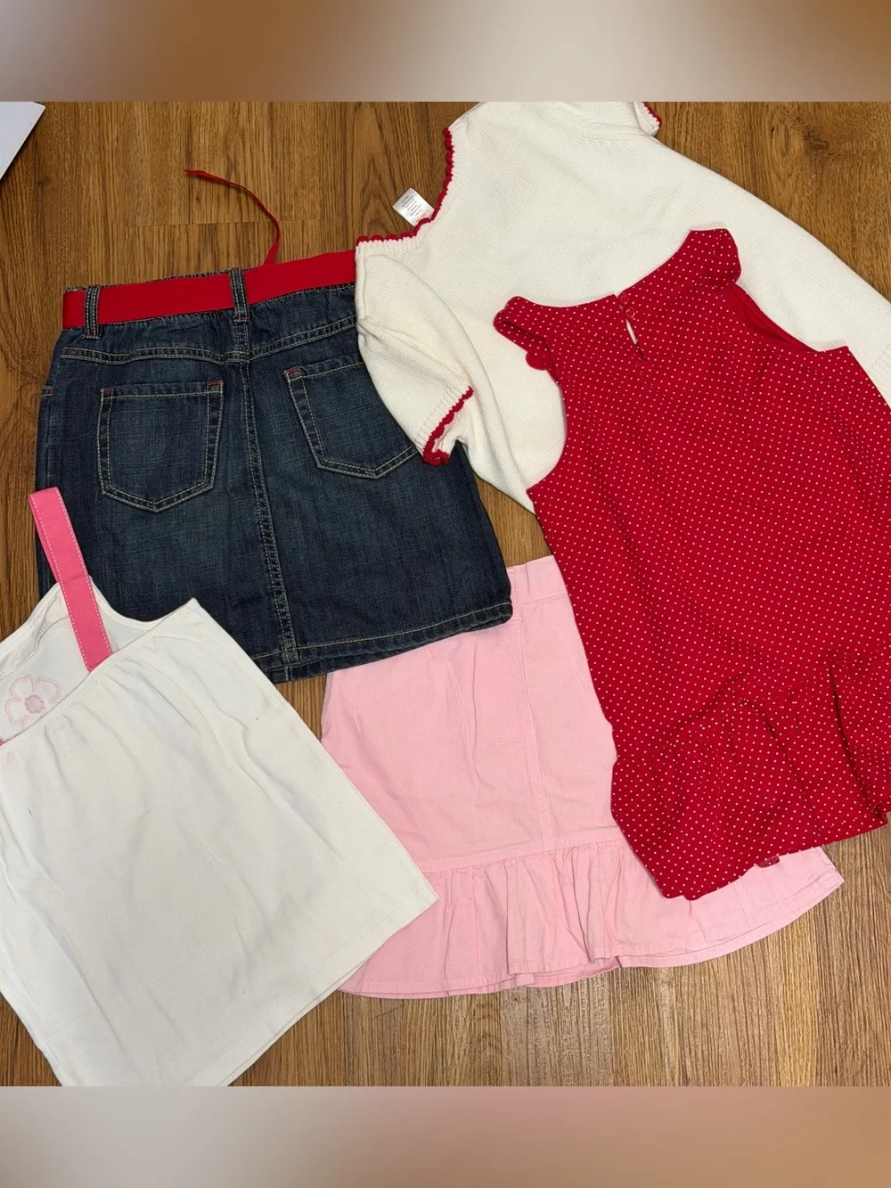 Gymboree Girls L 9/10 Cherry Tank & Cardi Denim Skirt Belt FloralTank Pink Skirt